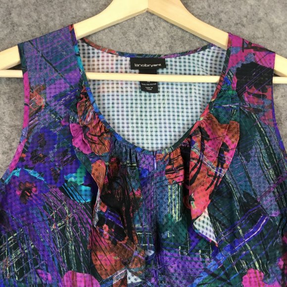 Lane Bryant Top 14 Blouse Floral Ruffle Scoop Neck Sleeveless Tan Career Casual - Picture 3 of 13